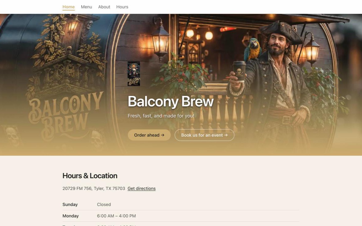 Balcony Brew's branded storefront on Fliquids — pirate-themed hero with tagline and order-ahead buttons